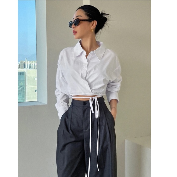 Cotton White Crop Button Up Down Was it Ties Long Sleeve Collared Shirt - Picture 8 of 10